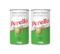 Perelló Gordal Picante Pitted Olives - 350g (150g Drained) - Pack of 2 - Spanish Green Olives - Spicy Tinned Olives Pitted