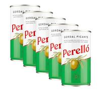 Perelló Gordal Picante Pitted Olives - 350g (150g Drained), Pack of 5, Spicy Spanish Green Olives Pitted