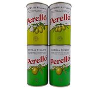 Perello Olives Variety Pack 4 x 350g Gross (150g Net) Spanish Gordal Picante Green Olives, Manzanilla Picante Olives and Cocktail Picante Olives. Securely Boxed