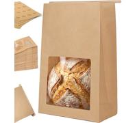 Perenllareta 100 Pack Large Paper Sourdough Bread Bags for Gifting with Window | Resealable Thick Kraft Brown Bags for Homemade Sour Dough Round Loaf Gift Giving Packaging Selling 13.6x8.3x4.1in