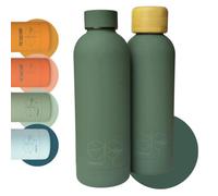 Perevor Forest Green Water Bottle 500ml - Stainless Steel, 1 btl w 2 Lids | 500ml insulated water bottle, leakproof | bamboo + colour-matched lids, BPA-free inners | slim travel flask for camping