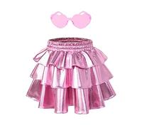 Perfashion Girls' Sparkle Metallic Skirts Layers Ruffle Sequin Tutu Dance Skirt with Sunglasses for Kids 6-15 Years, Pink-452, 12-13 Years
