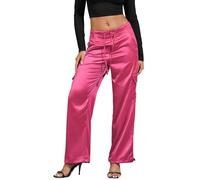 Perfashion Women Satin Pants Silk Wide Leg Trousers Cargo Joggers Drawstring Going Out Concert Outfits, Hot Pink 35-929, S