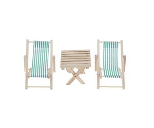 Perfeclan 1:6 Miniature Dollhouse Foldable Wooden Beach Table & Stripe Chaise Longue (3PCS) - Dolls House Outdoor Furniture for 12inch BJD Dolls, Green, as described