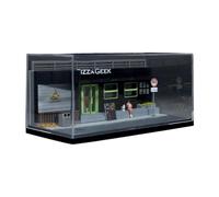 Perfeclan 1/64 Vehicle Model Display Case Miniature Pizza Shop Scene, with Figurine and Resin Dog for Action Figures Mini Car