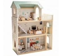 perfeclan Children Assembly House Wooden Dollhouse Playset With Open Front Access Multi Level Rooms Balcony Stairway Mini Furniture And Decor Suitable for Kids Pretend Play Home Playroom