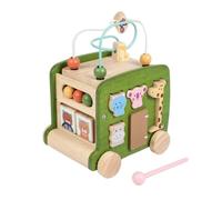 Perfeclan Children Educational Cart Wooden Activity Bus With Bead Maze Shape Sorter Push Cube Solid Wood Design Suitable for, Green, Multifunctional Bus Cart