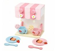 perfeclan Children Kitchen Playthin Wooden Coffee Machine Toy Set Kids Pretend Maker With Cups Saucers Spoons Dessert Pieces Mushrooms Theme suitable for toddler play preschool playroom family time