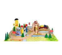 perfeclan Colorful Train Set with T Buildings Wood Finish, train Track Set, for Playroom, Daycare, Classroom, Kids, Preschoolers