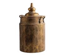 perfeclan Decorative Vase Urn With Lid Cylindrical Body Embossed Pattern Small Loop Handles Antique Finish suitable for living, Vintage Gold Iron Vase A2837 40.5cm H X 22cm W