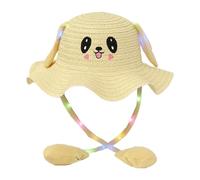 Perfeclan Kids Bunny Weave Hat with Moving Ears, Funny Jumping Cute Sun Hat, Wide Brim Summer Bucket Hat, Lighted Trendy Sunblock Hat for Women Kids Holiday Halloween Christmas Birthday Gift, Beige