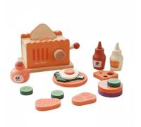perfeclan Kids Play Kitchen Wooden Breakfast Pretend Set With Bread Maker Toast Slices Stackable Toppings Hand Crank Lever Smooth Painted Finish suitable for