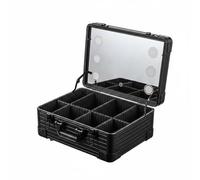 perfeclan Professional Makeup Case Cosmetic Organizer Box Vanity Train Case with and Adjustable Light Aluminum Portable Trolley, Handheld Makeup Case with Mirror and Lights, Array, Black