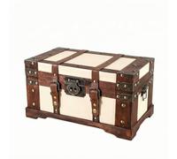 Perfeclan Rustic Wooden Chest with Handle, White, Vintage Wooden Trunk With Brown Leather Trim, Small 34 × 19.5 × 20 Cm 13.3 × 7.7 × 7.9 In