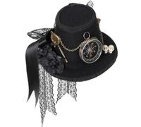 perfeclan Steampunk Style Top Hat Fascinator Hair Clip Headpiece With Decorative Chain And Vintage Charms woolen cloth and metal details suitable for burlesque styling gothic wardrobes