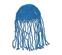 Perfeclan Women Crochet Beanie Cap, Knitted Crochet Hat Travel Lady Beach Bohemia Decor Tassel Braids Decorative Knit Cap for Backpacking Holiday, Blue
