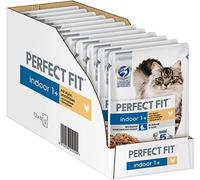 PERFECT FIT Indoor 1+ - Wet Food for Adult House Cats from 1 Year - Chicken and Peas in Sauce - Supports Vitality - 12 x 85g