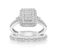 Perfect Fit Sterling Silver with Platinum Plating 0.50ct Diamond Rectangle Bridal Set