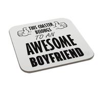 Perfect Mugs This Coaster Belongs to an Awesome Boyfriend Printed Coaster Novelty Funny Gift Birthday Xmas Secret Santa Present Office Men Women Tea Coffee