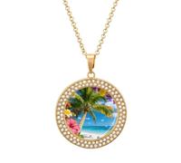 Perfect Paradise Tropical Palm Tree Floral Pendant Necklace for Women Golden Charm Diamond Circle Necklaces with 20 Inch Chain Cute Diamond Jewelry Necklaces for Birthday Christmas Valentine's Day Gif