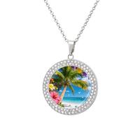 Perfect Paradise Tropical Palm Tree Floral Pendant Necklace for Women Silver Charm Diamond Circle Necklaces with 20 Inch Chain Cute Diamond Jewelry Necklaces for Birthday Christmas Valentine's Day Gif