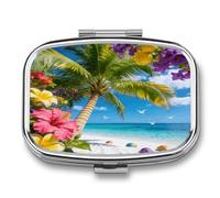 Perfect Paradise Tropical Palm Tree Floral Pill Box 2-Compartment Portable Pill Case Square Metal Medication Organizer Small Weekly Medication Case with Mirror Stylish Vitamin Holder for Purse Pocket