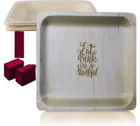 Perfect Stix 10-Inch Wooden Thanksgiving Theme Plates with Eat Drink Be Thankful Design, Pack of 20 with 50 Burgundy Napkins