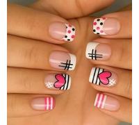 Perfect Valentines Date French Manicure Presses on Nails Including Love Heart Dot Decoration Multicolor Easy Apply Nail