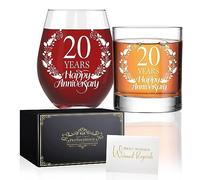 Perfectinsoy 20 Years Happy Anniversary Whiskey Glass and Stemless Wine Glass Gift Set, 20th Anniversary Wedding Gift For Mom, Dad, Soulmate, Couple, 20 Years Gifts, Happy 20th Anniversary
