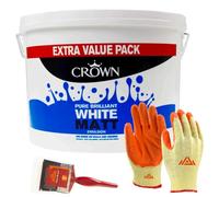 PERFECTONISH CROWN Matt Emulsion Paint 7.5L Pure Brilliant White Paint 3" PaintBrush & Safety Gloves