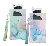 PERFECTSIGHT Eyeglass Glasses Sunglass Case Bag with Cleaning Cloth, Portable Squeeze Top Soft Vegan Leather Pouch for Women Boys Girls 2 Pack (Blue Pink+Green Marble)