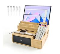 PERFECYEE Four-Compartment Bamboo Mobile Phone Charging Station, Desktop Storage Box with Drawer and Pen Holder, Multi-Functional Device Manager Organizer