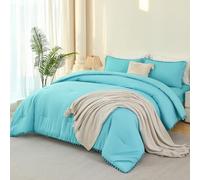 PERFEMET 5 Pcs Twin Size Comforter Set Teal Blue Pom Pom Cute Bedding Comforters for Girls Kids Teen Soft All Season Fluffy Boho Solid Bed in A Bag with Sheet Set(Teal Blue, Twin)