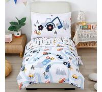 PERFEMET AONELAS Toddler Bedding Kids 4 Pieces Bed in A Bag for Boys Cars Printed Microfiber Toddler Comforter Sets with Standard Pillow Case Modern Bedroom Collection, White