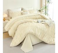 PERFEMET Beige Ruched Comforter Set King Size, 5 Pieces Boho Ruffle Bed in a Bag with Sheets, Soft Fluffy Pleated Texture Bedding Set All Season Lightweight Shabby Chic Bed Set(Beige, King)
