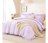 PERFEMET Lavender Ruffled Full Comforter Set Purple Ruffle Comforter Shabby Chic Bedding Solid Color Soft All-Season 5 PCS Bed in A Bag with Sheets for Women (Purple, Full)