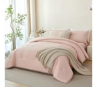 PERFEMET Peach Pink Comforter Set Queen Size, 5 Pieces Fluffy Solid Pink Pom Pom Queen Bedding Sets for Girls Women, All Season Soft Vintage Shabby Chic Kids Teen Bed in a Bag with Sheet Set