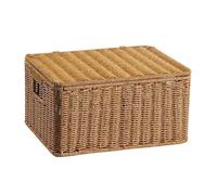 perfk Storage Basket Lidded Box Handcrafted Organizer Japanese Style Decorative Woven Compartment Suitable for Desktop Use Bedroom Office, Light Brown, Medium (34x26x17cm)