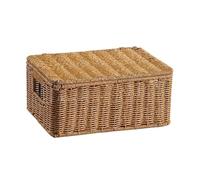 perfk Storage Basket Lidded Box Handcrafted Organizer Japanese Style Decorative Woven Compartment Suitable for Desktop Use Bedroom Office, Light Brown, Large (38x30x21cm)