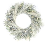 Perfnique 60cm Christmas Wreaths for Front Door with Lights, Norfolk Pine Wreath with Pampas Grass, Winter Outdoor Indoor Wreaths for Wall Window Fireplace Home Holiday Decor (Pine and Pampas)
