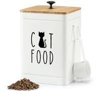 PERFNIQUE Cat Food Storage Container, Airtight Cat Treat Container with Bamboo Lid, 25 Cup Pet Food Storage for Kitchen Countertop, Treat Jars for Pets, Food Container (White, with Spoon)