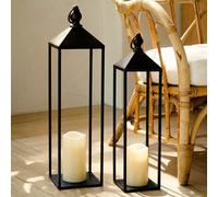 Perfnique Decorative Lanterns for Indoor & Outdoor, Set of 2 Black Metal Lanterns (22" & 19") with LED Timer Flameless Candles, Farmhouse Modern Decor for Front Porch, Patio, Mantle
