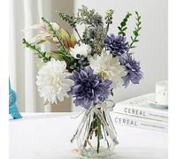 PERFNIQUE Fake Flowers with Vase, Silk Rose Faux Flower in Vase, Artificial Flowers Bouquet for Living Room Bathroom Plant Decor, Floral Arrangement for Dining Table Centerpiece (Blue)