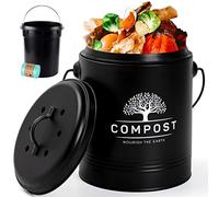 Perfnique Kitchen Compost Bin, 1.3 Gallon Countertop Compost Bin with Lid, Indoor Compost Bucket Includes Inner Bucket Liner and Carbon Filter, Small Compost Bin（Black with Bags）