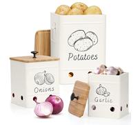PERFNIQUE Kitchen Vegetable Storage Container, Potato Onion Garlic Storage Bin Set of 3 for Countertop Pantry, Metal Canisters Organization Keeper Holder Tin with Aerating Holes and Lid (White)