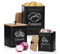PERFNIQUE Kitchen Vegetable Storage Container, Potato Onion Garlic Storage Bin Set of 3 for Countertop Pantry, Metal Canisters Organization Keeper Holder Tin with Aerating Holes and Lid (Black)