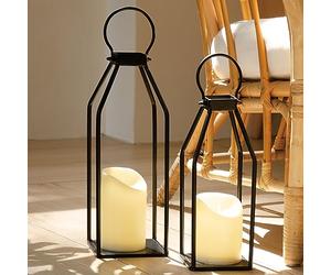 Perfnique Modern Farmhouse Lantern Decor, 15'' 13'' Set of 2 Black Metal Lanterns, 2 LED 6hr Timer Flickering Flameless Candles, Lanterns Decorative for Outdoor Decor, Home, Indoor, Patio (Black)