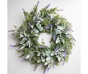 Perfnique Spring Summer Wreaths for Front Door, 50 cm Lambs Ear Wreath with Lavender Flowers and Eucalyptus Leaves, Green Artificial Wreath for Door Window, Farmhouse Wreath for Wall Decor (Lavender)