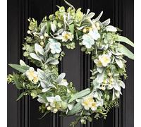 Perfnique Spring Summer Wreaths for Front Door, Lambs Ear Wreath with Hydrangeas Flower and Eucalyptus Leaves, 20'' Green Artificial Wreath for Porch Window, Farmhouse Wreath for Wall Decor (Greenery)