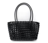 perforated woven bag is perfect for vacations and the beach, featuring both shoulder and hand-carry options. Made from plastic weave, it is lightweight and practical.